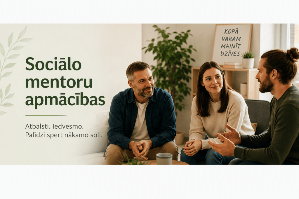 Trīs cilvēki, sēžot pie galda, piedalās diskusijā par sociālo mentorēšanu. Fons ar augiem un uzrakstu par dzīves maiņu.